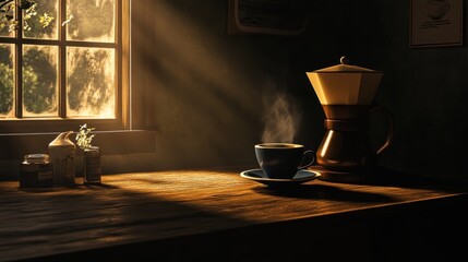 A Cup of Coffee on a Wooden Table with a Window Behind It