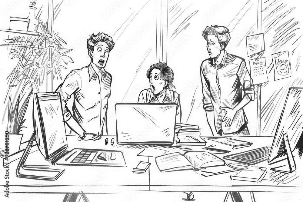 Poster Group of people collaborating on laptops in a modern setting, suitable for use in presentations or articles about teamwork and productivity