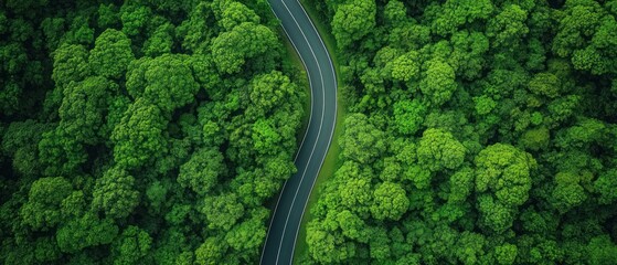 Aerial View of a Winding Road Through Lush Green Forest