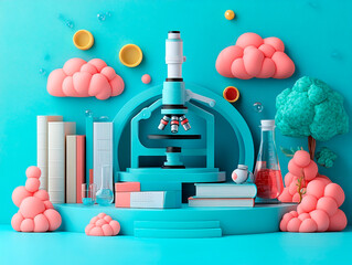 Podium background science lab product display 3D microscope stand school supplies. Back to school podium with a science theme, featuring lab equipment and books, promoting STEM education.