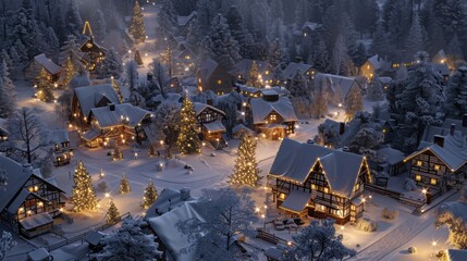 Snowy festive village scene with twinkling lights, holiday decorations, and snow...