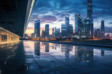 City square and skyline with modern buildings in Shenzhen at night, Guangdong Province