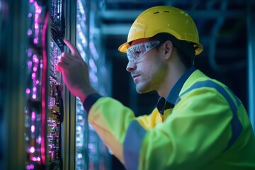 Technician working on server equipment in a data center at night