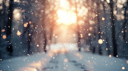Snowy Winter Pathway at Sunset With Flurries and Glimmering Lights