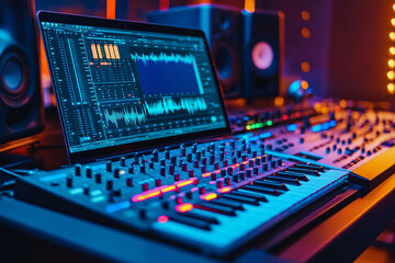 Sound recording studio, mixer and audio equipment. The concept of music production.
