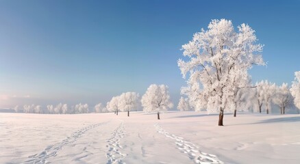 Obraz premium Snow-Covered Landscape With Frosty Trees and Footprints During Winter Morning