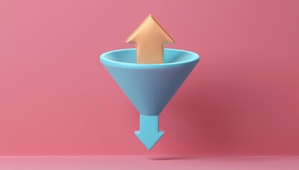 An abstract illustration of a funnel with upward and downward arrows, symbolizing growth and data processing.