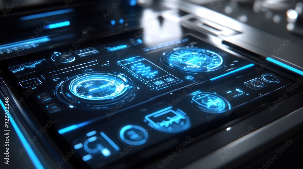 Poster futuristic interface with glowing blue icons on a dark panel