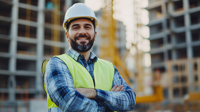 Portrait of a smiling male engineer standing with arms crossed on construction site