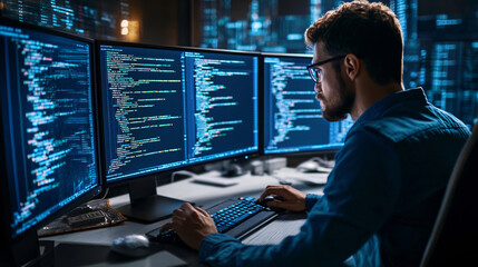 Programmer working on a programming code in a software developing company office