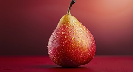 Fresh Pear Covered in Water Droplets on Red Background