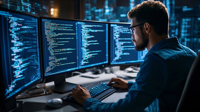 Programmer working on a programming code in a software developing company office