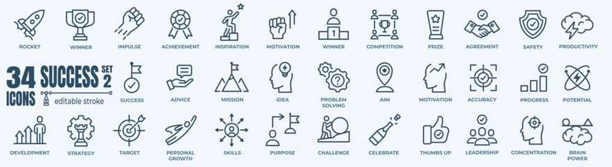 Success, Goals and Target Related Vector Line Icons. Contains thin Icons as Achievement, Aim, Motivation and more. Editable Stroke. 48x48 Pixel Perfect