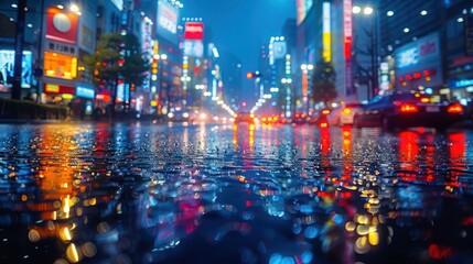 macro view of a Tokyo street at night, capturing the vibrant glow of neon lights and detailed textures of the urban landscape. The scene of street photography in a bustling city