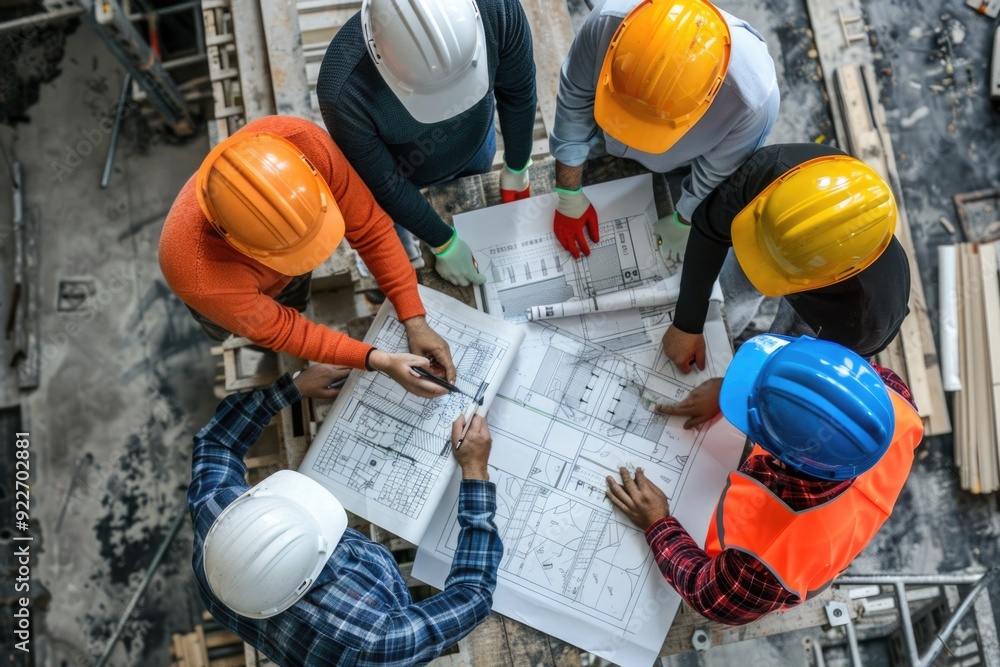 Poster group of workers examining blueprints on a construction site