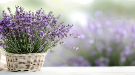 Obraz premium Lavender Bouquet in Woven Basket Beside Decorative Pillow