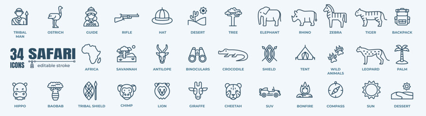Safari and Africa Related Vector Line Icons. Editable stroke. Pixel perfect icons © stockgood