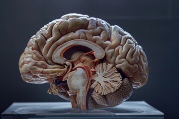 Anatomical model of the human brain displayed in a museum or educational setting