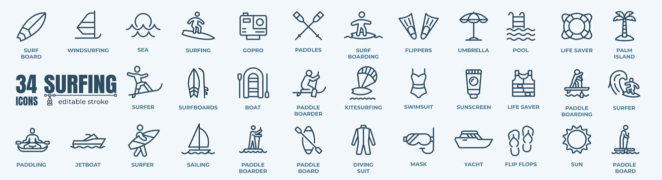 Set of surf Icons. Simple line art style icons pack. Vector illustration