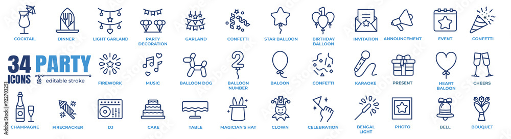 Wall mural party and event minimal thin line web icon set. outline editable icons collection. simple vector ill