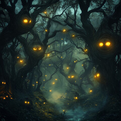 eerie forest with glowing eyes in trees	