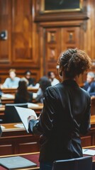 A woman stands confidently, presenting her case to a focused audience in a formal courtroom