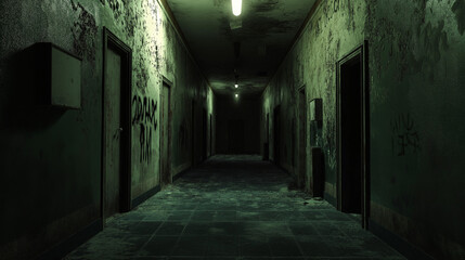dark abandoned hallway with peeling paint
