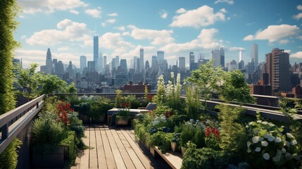 Fototapeta premium A photo of a rooftop garden with urban city views.