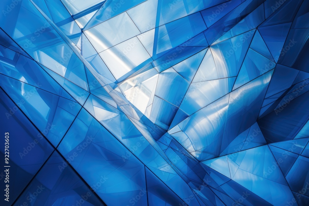 Poster a clear blue glass structure with a blue sky in the background, suitable for use as an architectural