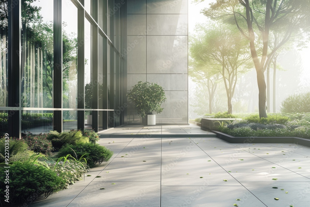 Poster Office building with many windows and surrounded by lush greenery