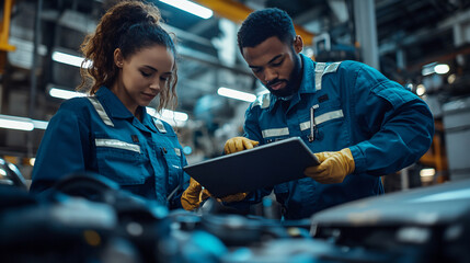 auto mechanic and female technician working with digital tablet in auto repair shop