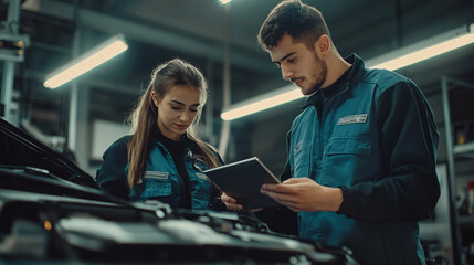 auto mechanic and female technician working with digital tablet in auto repair shop