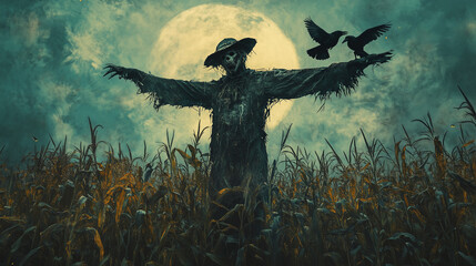 Fototapeta premium scarecrow in a field with crows
