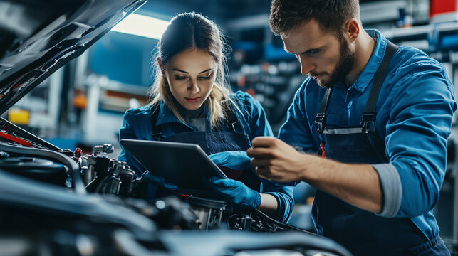 auto mechanic and female technician working with digital tablet in auto repair shop