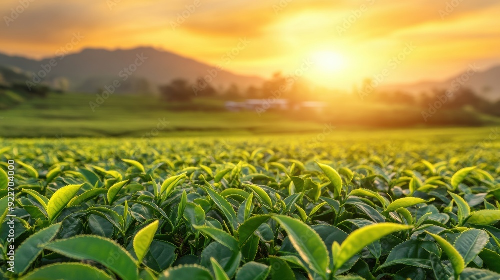 Poster A field of green plants with a sunset in the background, AI