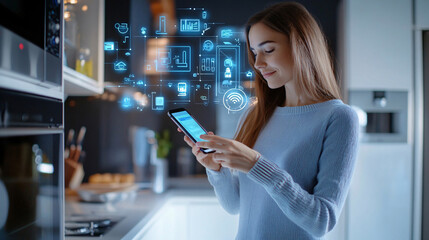 Young woman using her smartphone in the kitchen at home. She is smiling and looking at the screen of her smartphone. The concept of modern technology.