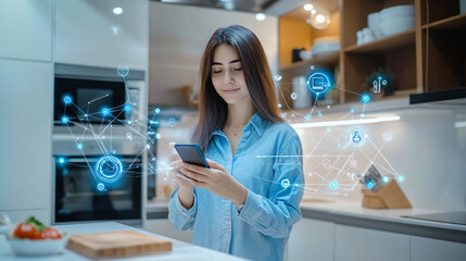 Young woman using smartphone in kitchen at home. Cloud computing concept.