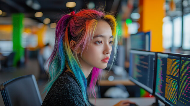 Colorful-haired Female Programmer Working in a Modern Office Environment