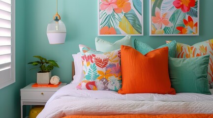 Cozy Bedroom Decor With Floral Bedding and Light Blue Walls