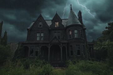 abandoned haunted house with lightning