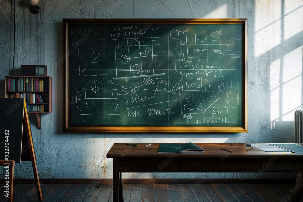 Poster notes and diagrams written on a blackboard in a typical classroom setting