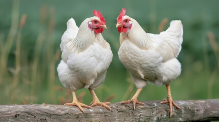 Fototapeta premium Two White Chickens Standing on a Wooden Rail in a Green Field