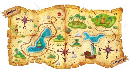 A treasure map for kids, cartoon style, colorful and engaging, X marks the spot, isolated on white background