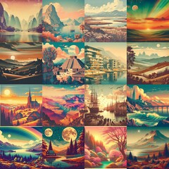 Vintage Cut and paste style landscape. AI generated illustration