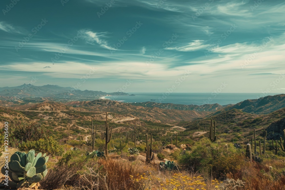 Poster a serene view of the ocean from a hill, with rolling waves and calm atmosphere