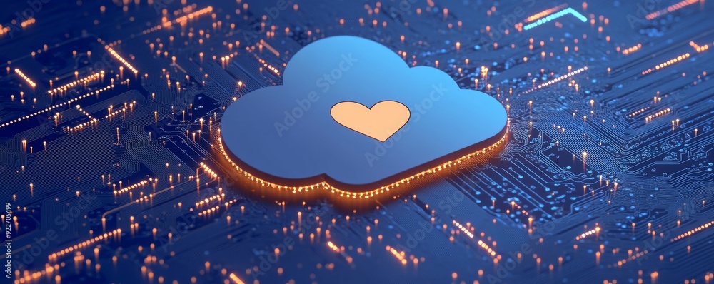 Aufkleber cloud icon with heart surrounded by digital circuit elements, symbolizing technology and connection