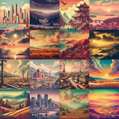 Vintage Cut and paste style landscape. AI generated illustration