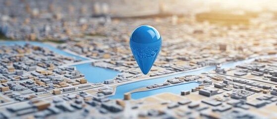 Blue Location Pin Hovering Over Miniature City Model