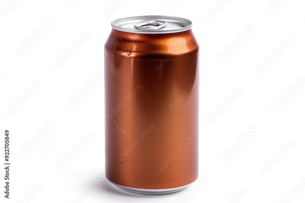 Poster a single can of soda sitting on a white surface, ready for use