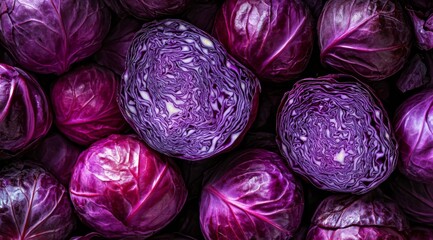 Obraz premium A beautiful and colorful assortment of vibrant purple cabbages, showcasing their rich hues and unique textures
